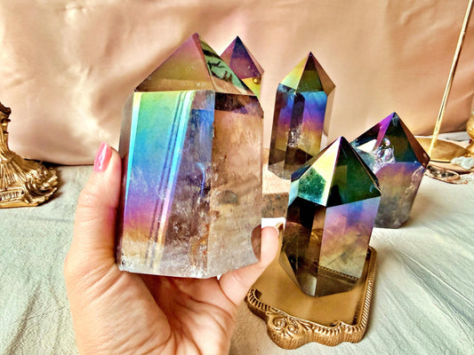 Quartz fumé aura Massif - Iridescent Crystal Decor, Mineral Specimen