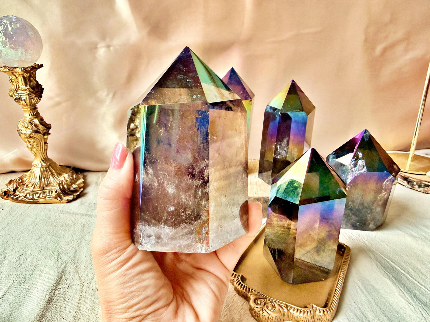 Quartz fumé aura Massif - Iridescent Crystal Decor, Mineral Specimen