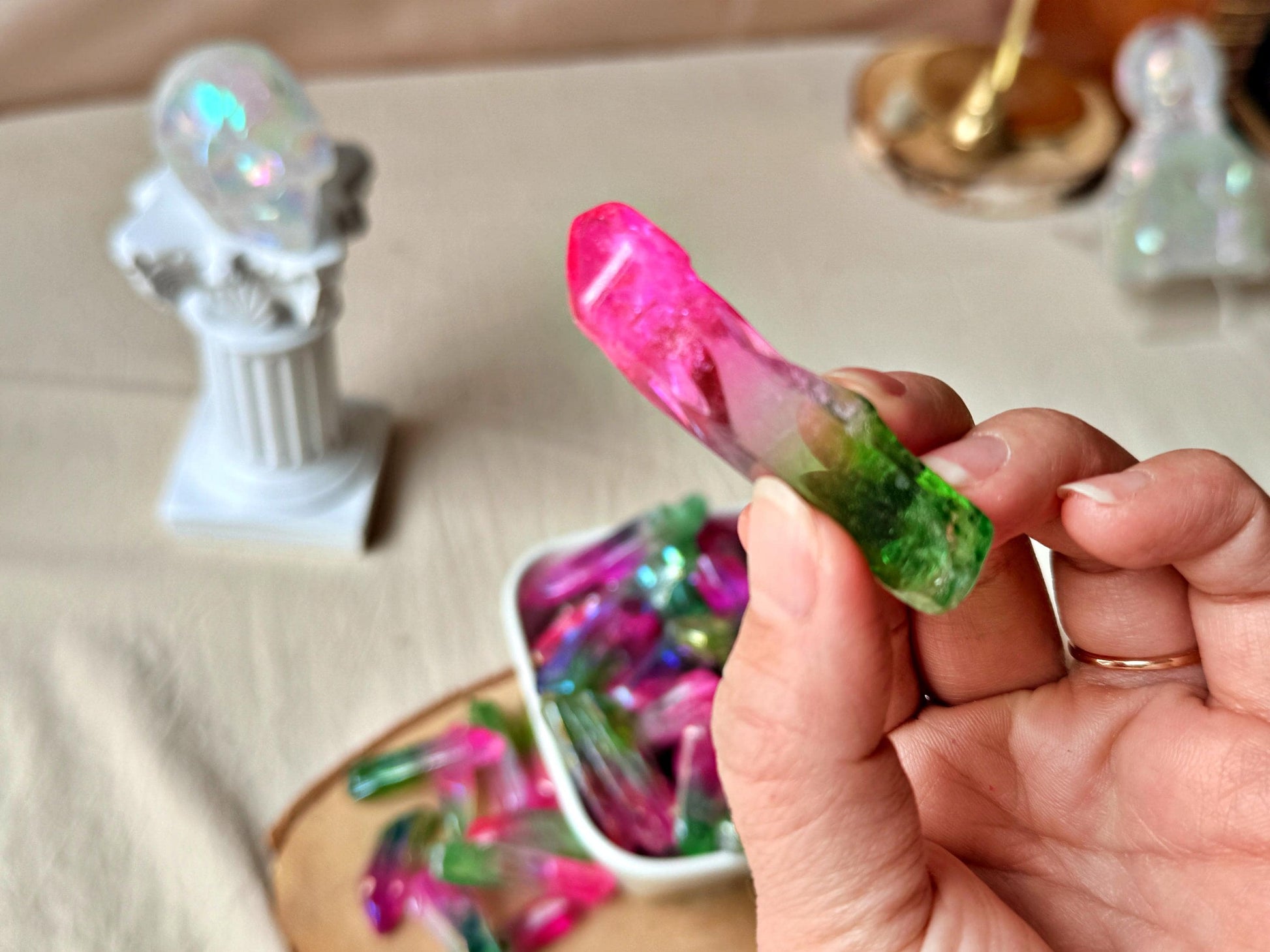 Pointes de Cristal de Roche Lémurien – Double aura Pink&Green