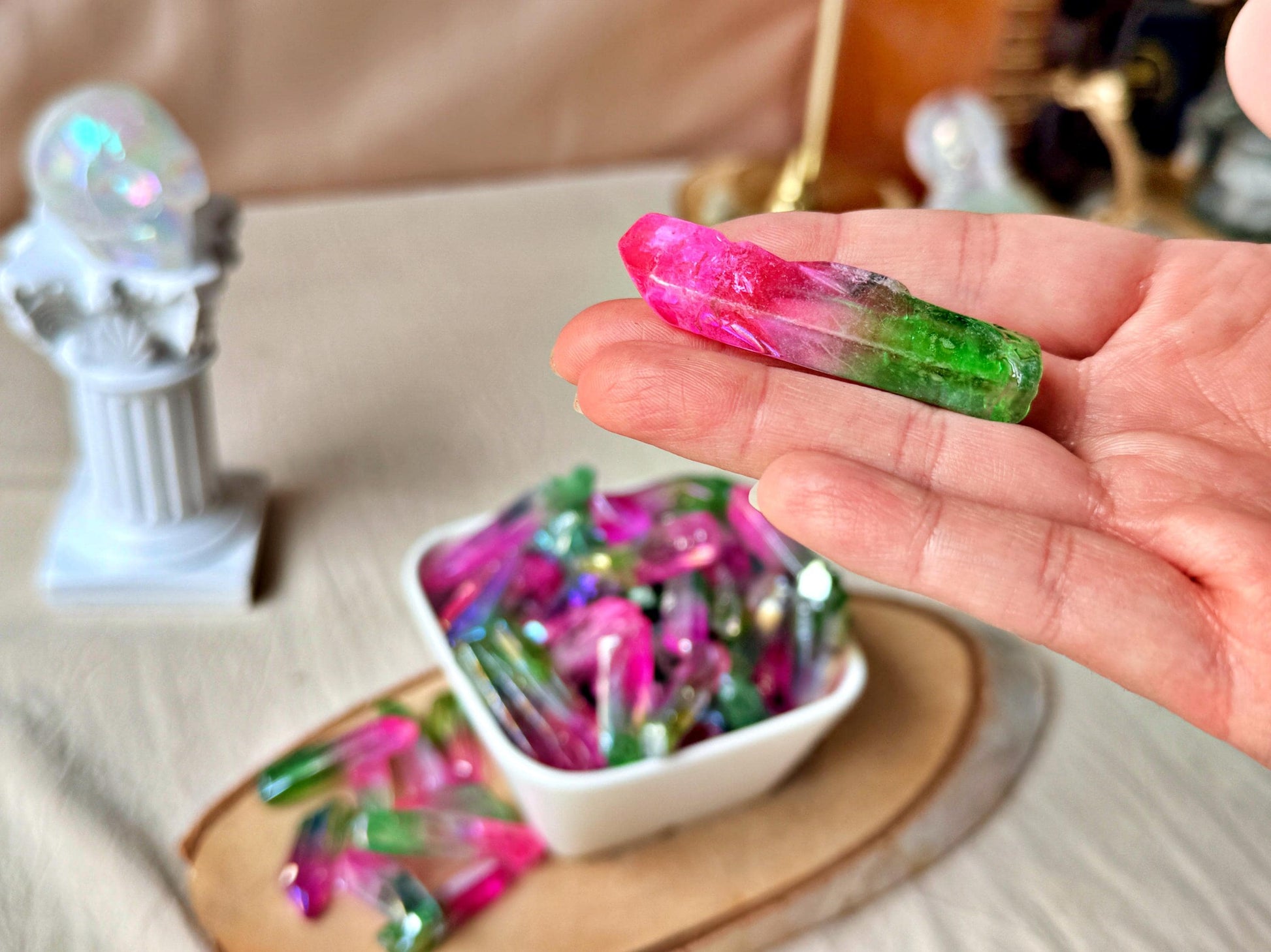 Pointes de Cristal de Roche Lémurien – Double aura Pink&Green