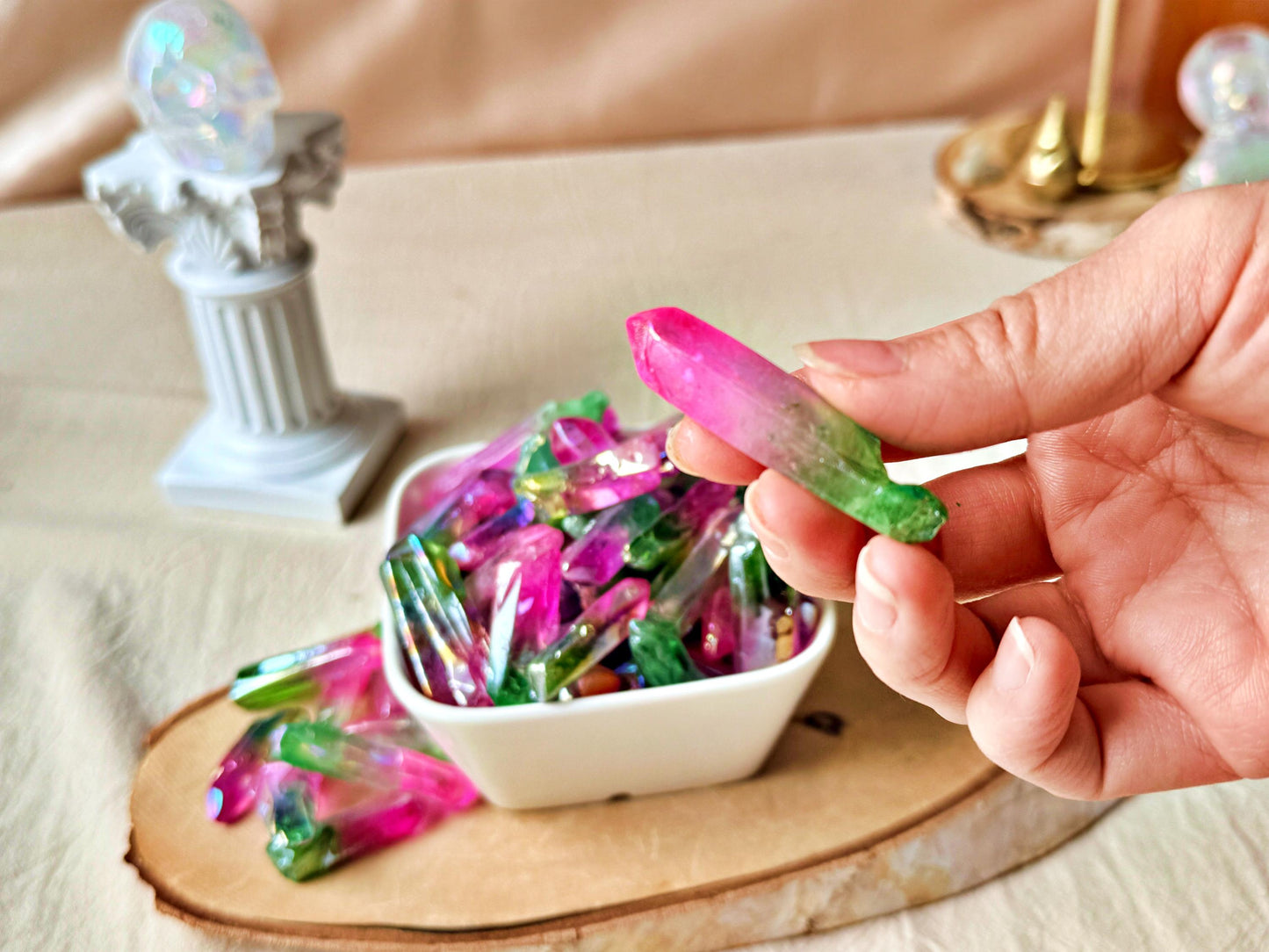 Pointes de Cristal de Roche Lémurien – Double aura Pink&Green