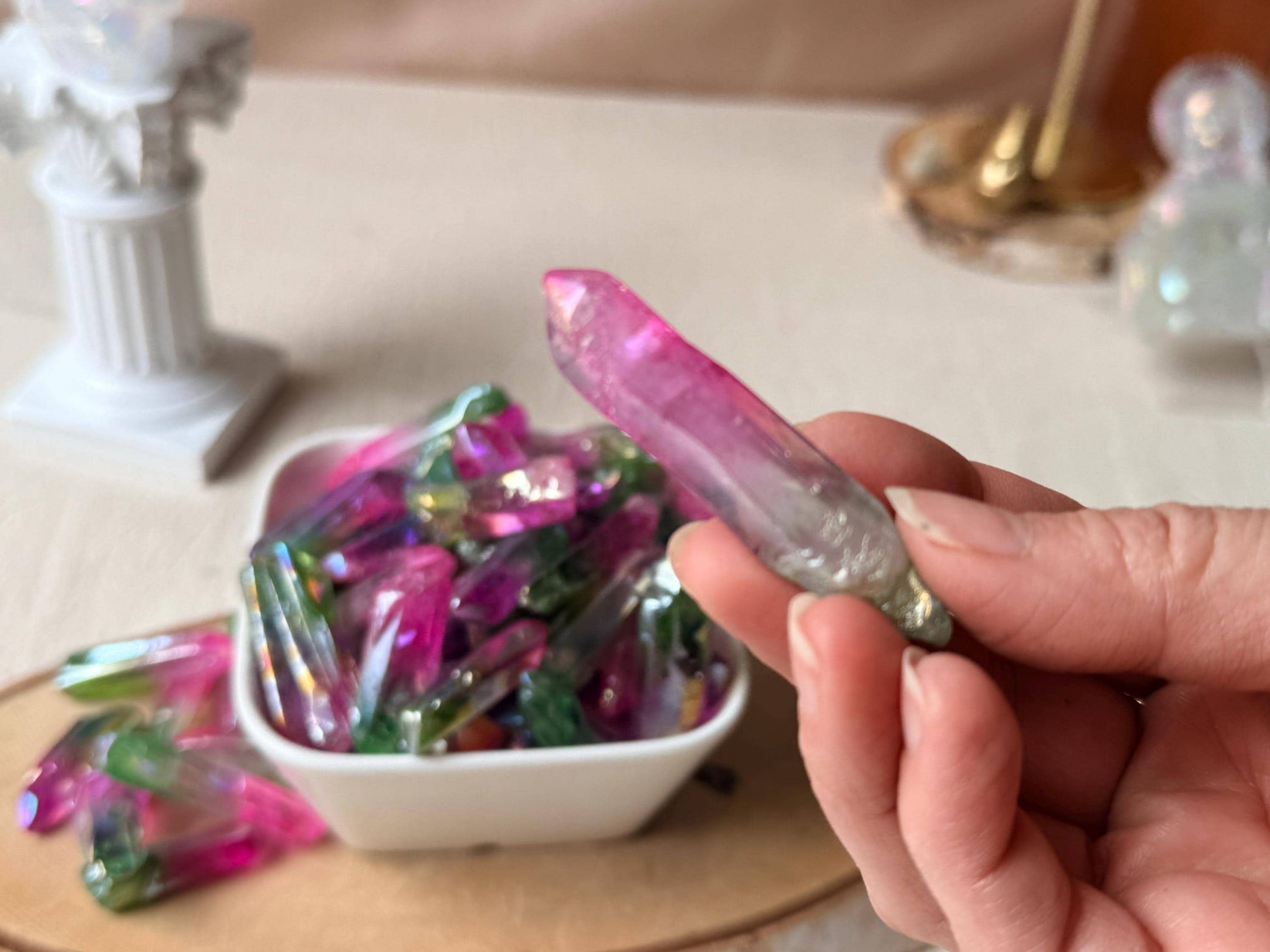 Pointes de Cristal de Roche Lémurien – Double aura Pink&Green