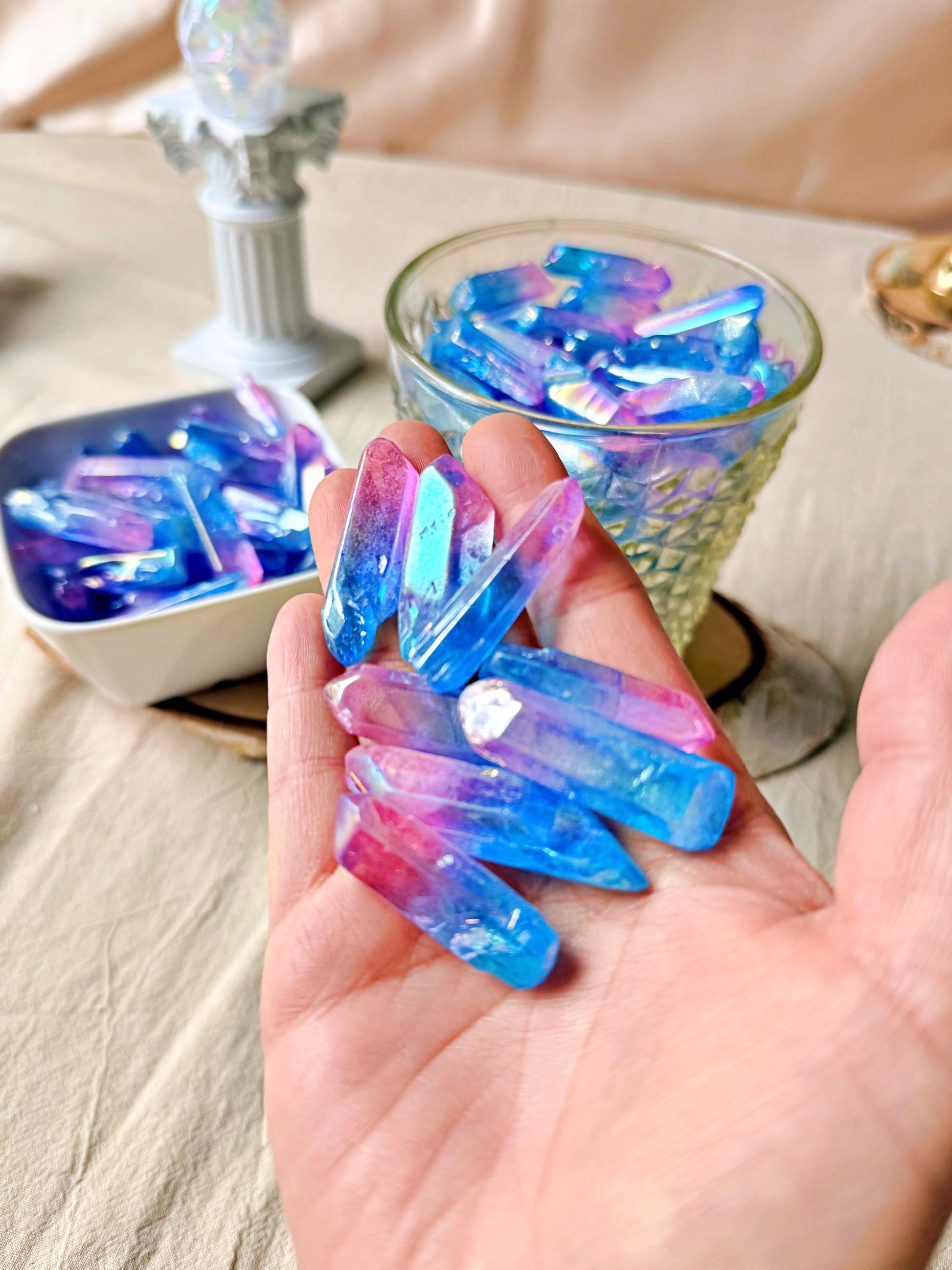 Pointes de Cristal de Roche Lémurien – Double aura Pink&Blue