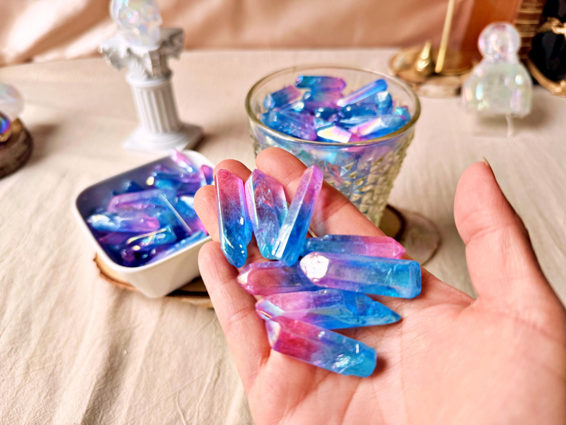 Pointes de Cristal de Roche Lémurien – Double aura Pink&Blue
