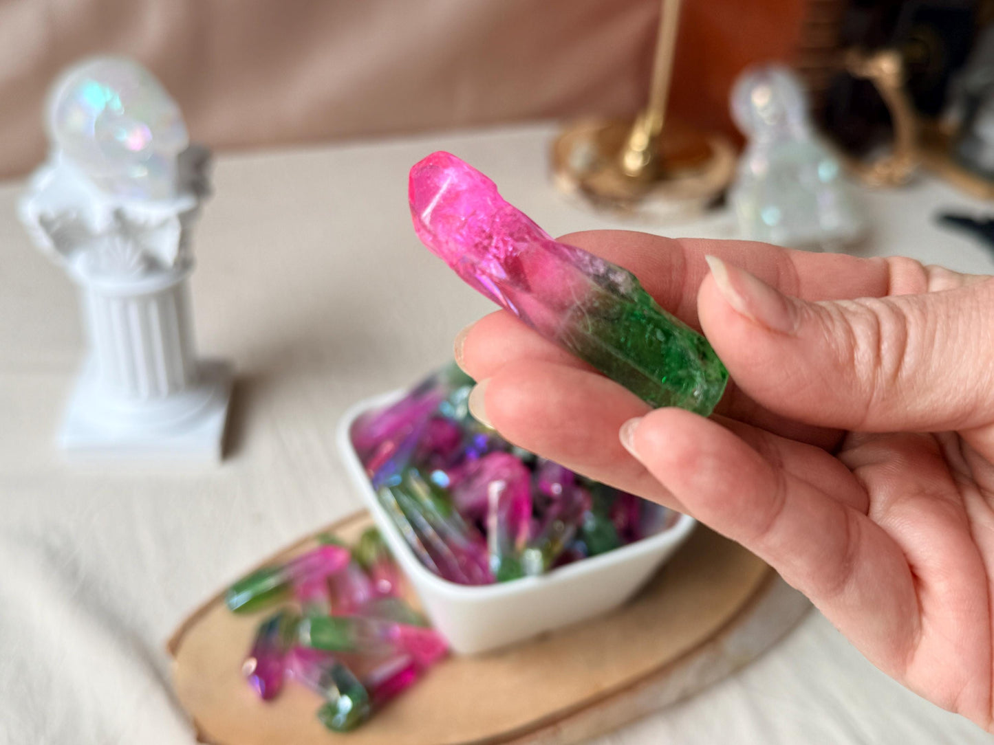 Pointes de Cristal de Roche Lémurien – Double aura Pink&Green