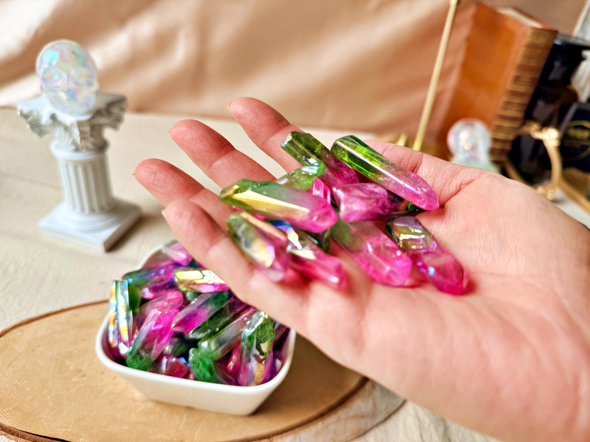 Pointes de Cristal de Roche Lémurien – Double aura Pink&Green