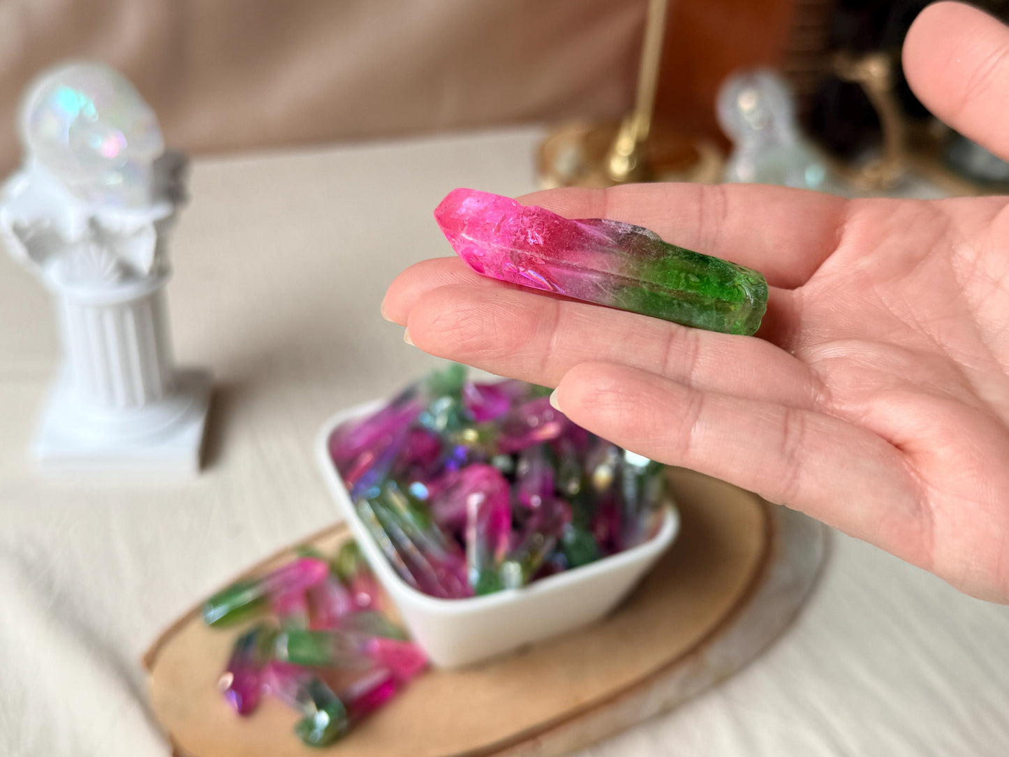 Pointes de Cristal de Roche Lémurien – Double aura Pink&Green