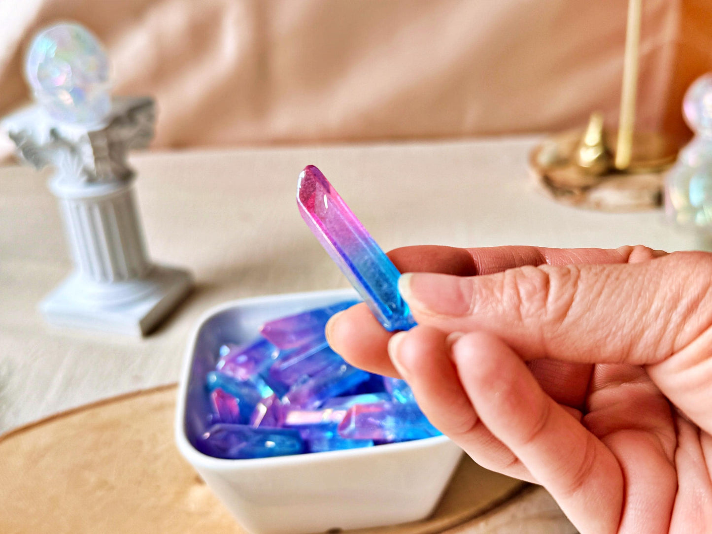 Pointes de Cristal de Roche Lémurien – Double aura Pink&Blue