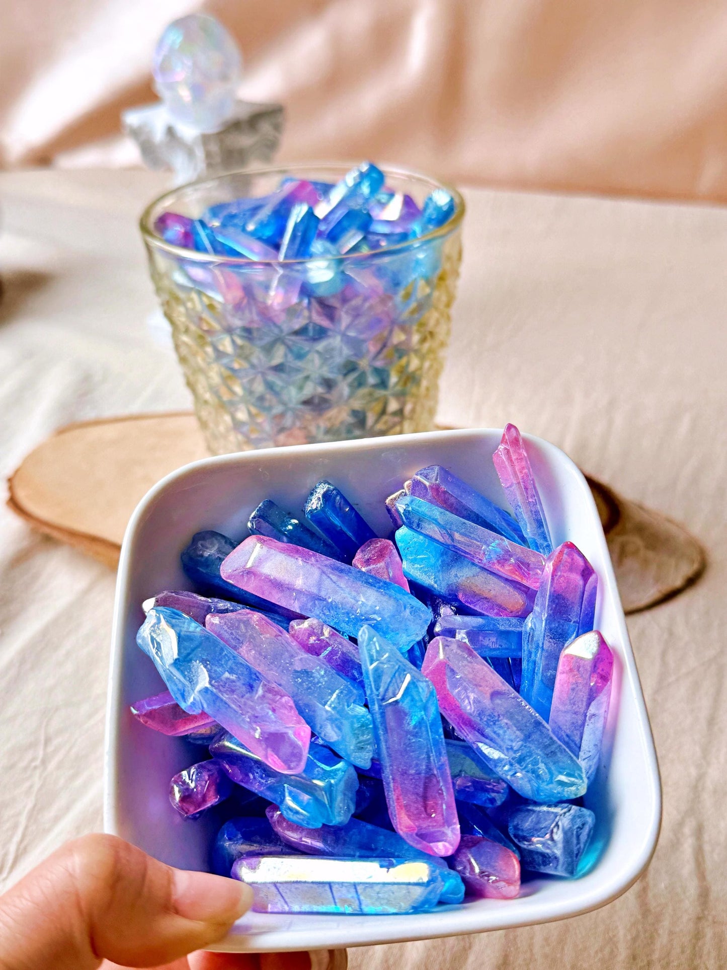 Pointes de Cristal de Roche Lémurien – Double aura Pink&Blue