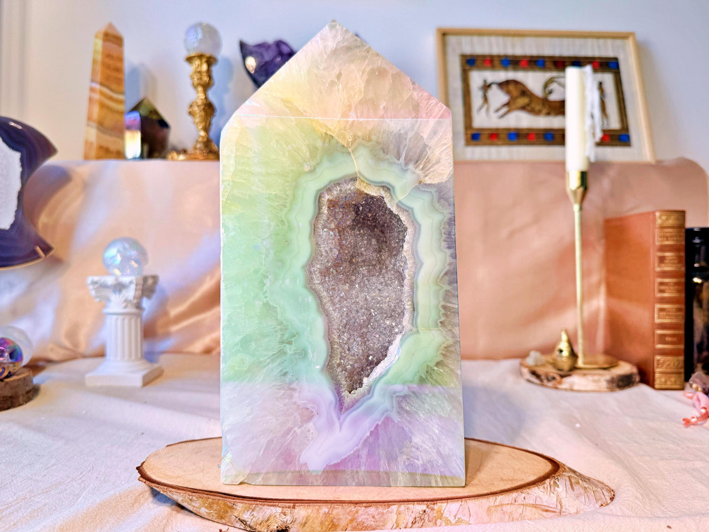 Grande Pointe d'Agate Blanche Aura à Double Cavité (4,353kg – 27 cm)