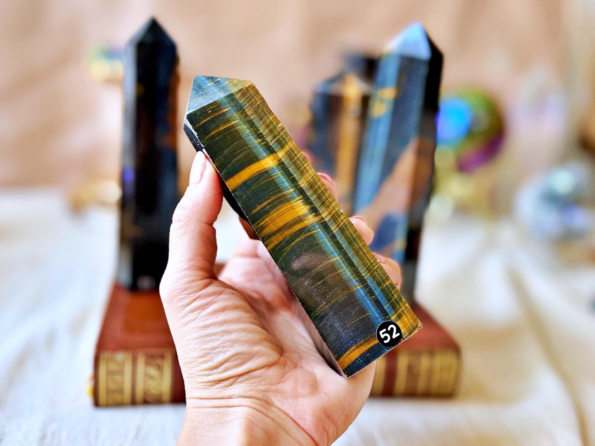 Polished Hawk's Eye and Tiger's Eye Points: Blue, Gold, Brown Natural Stone