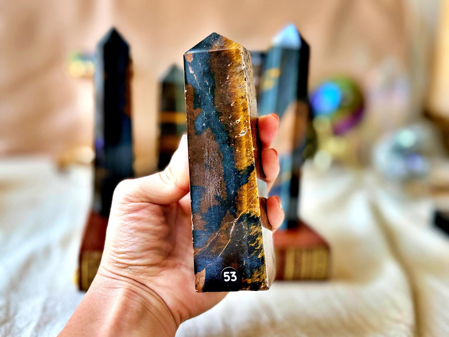 Polished Hawk's Eye and Tiger's Eye Points: Blue, Gold, Brown Natural Stone