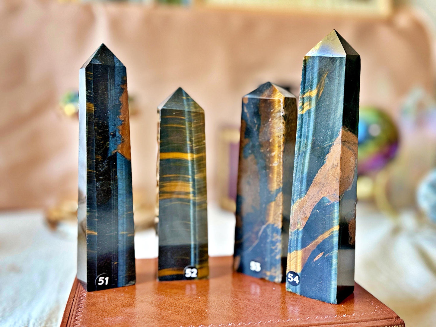 Polished Hawk's Eye and Tiger's Eye Points: Blue, Gold, Brown Natural Stone
