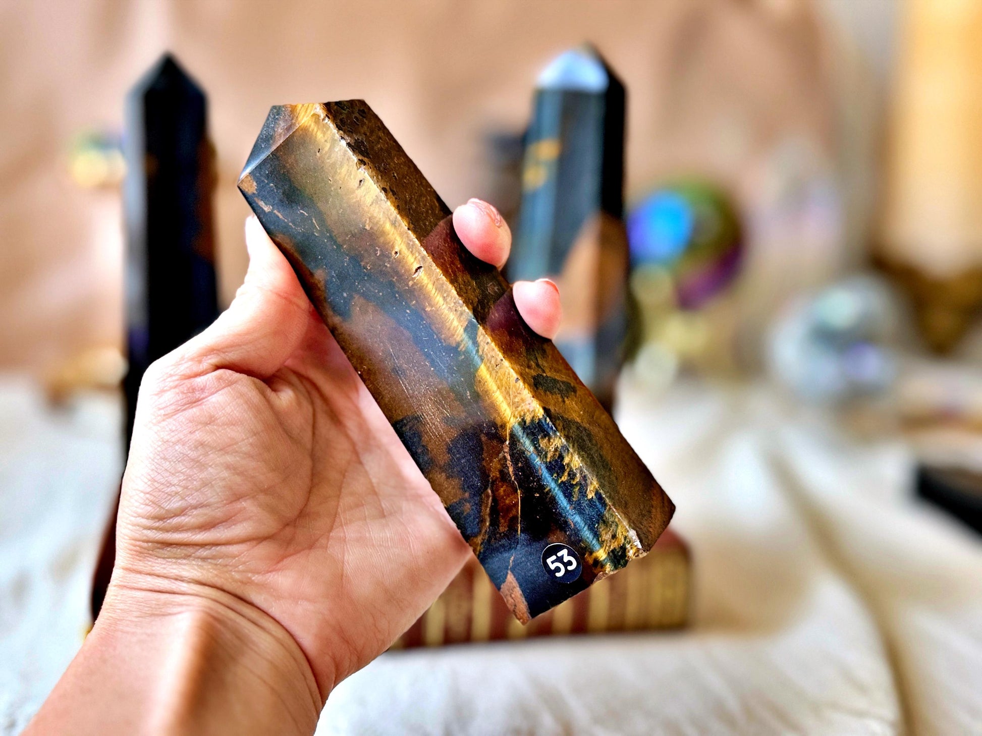 Polished Hawk's Eye and Tiger's Eye Points: Blue, Gold, Brown Natural Stone