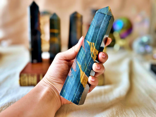 Polished Hawk's Eye and Tiger's Eye Points: Blue, Gold, Brown Natural Stone