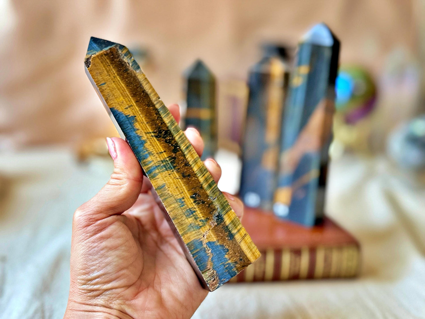 Polished Hawk's Eye and Tiger's Eye Points: Blue, Gold, Brown Natural Stone