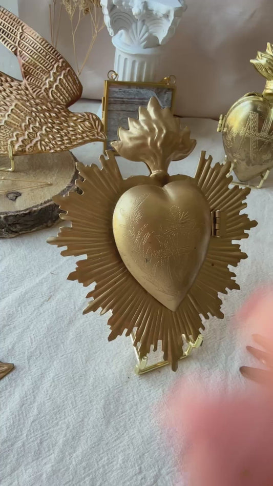 Ex Voto Cœur Sacré de Marie rayonnant ouvrant en laiton doré